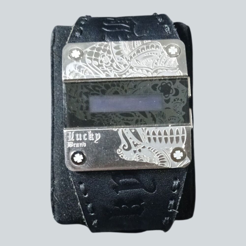 Lucky Brand Digital Watch Black Leather Cuff Silver Etched Case Battery Needed